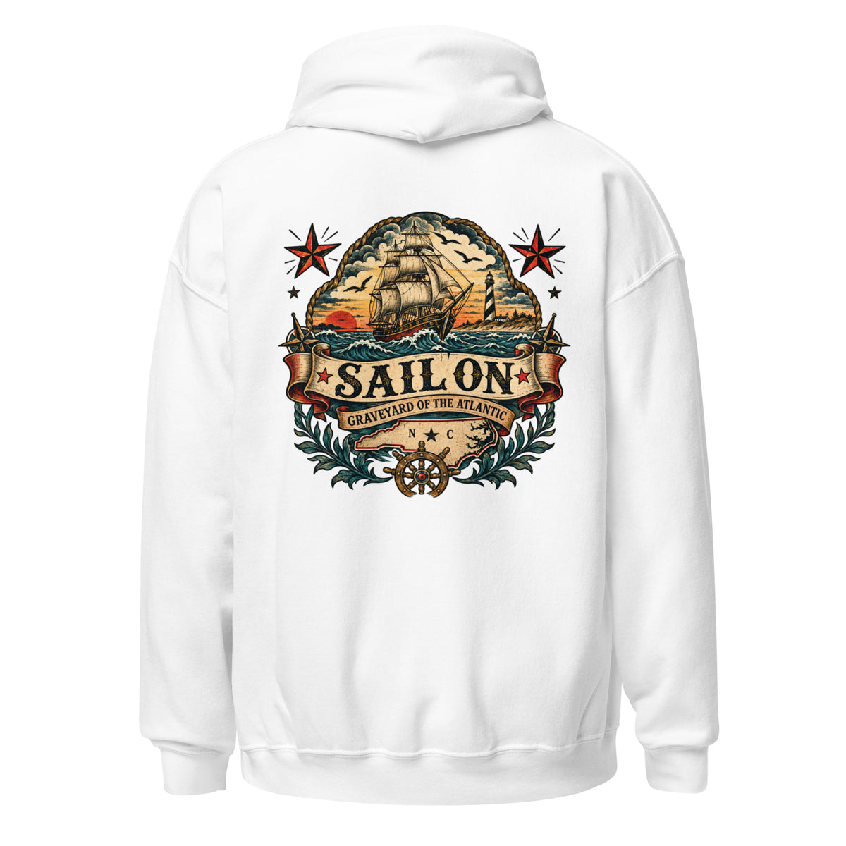 Graveyard of the Atlantic Hoodie in White, back view with full Sail On Graveyard of the Atlantic back print