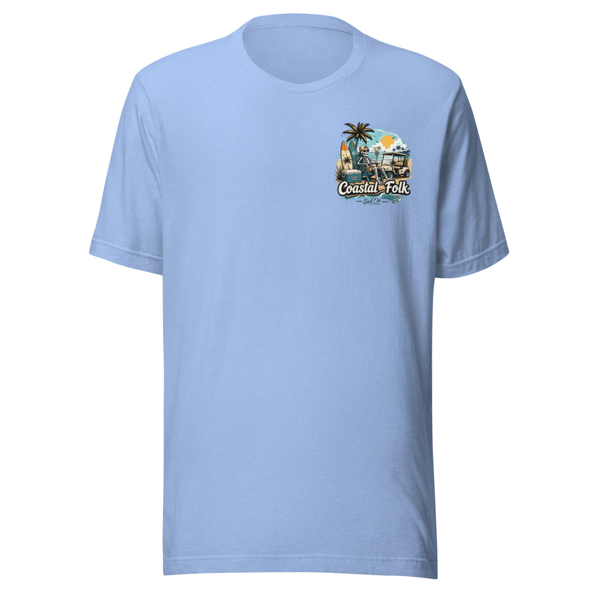 Coastal Folk: Salty & Relaxed T-Shirt in Heather Carolina Blue, front view