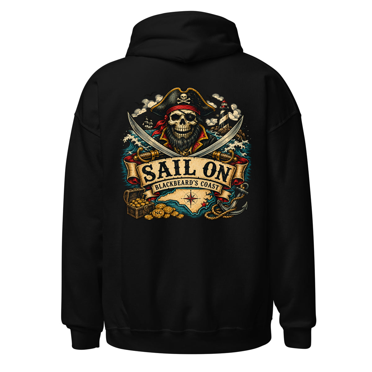 Blackbeard's Coast Hoodie in Black, back view with full Sail On Blackbeard's Coast back print