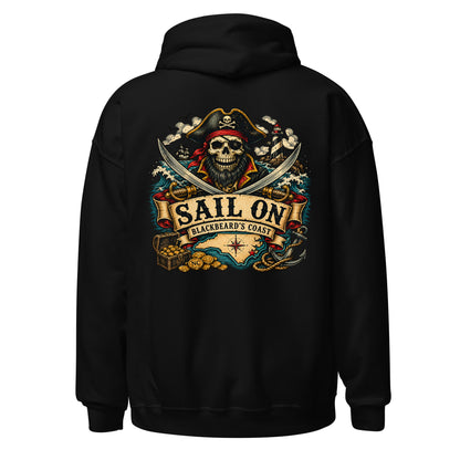 Blackbeard's Coast Hoodie in Black, back view with full Sail On Blackbeard's Coast back print