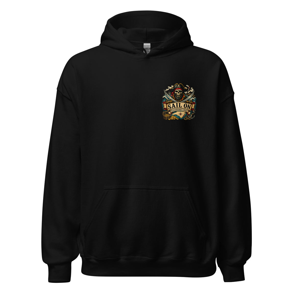 Blackbeard's Coast Hoodie in Black, front view with Sail On left-chest logo