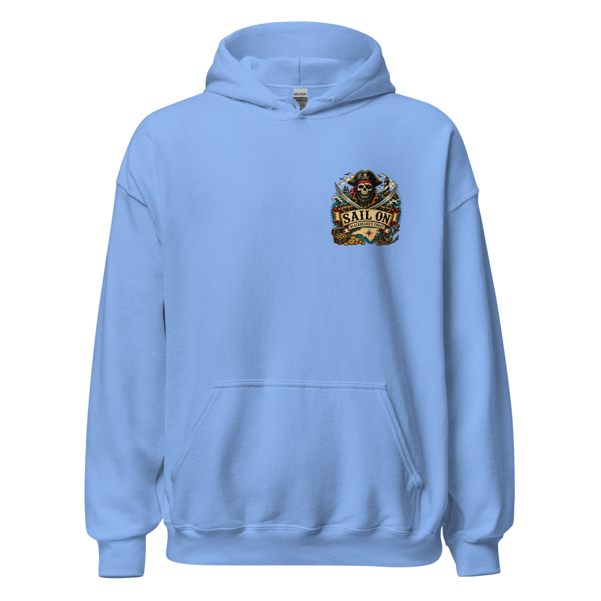 Blackbeard's Coast Hoodie in Carolina Blue, front view with Sail On left-chest logo