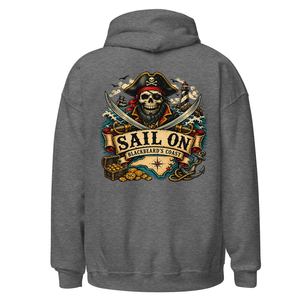 Blackbeard's Coast Hoodie in Graphite Heather, back view with full Sail On Blackbeard's Coast back print