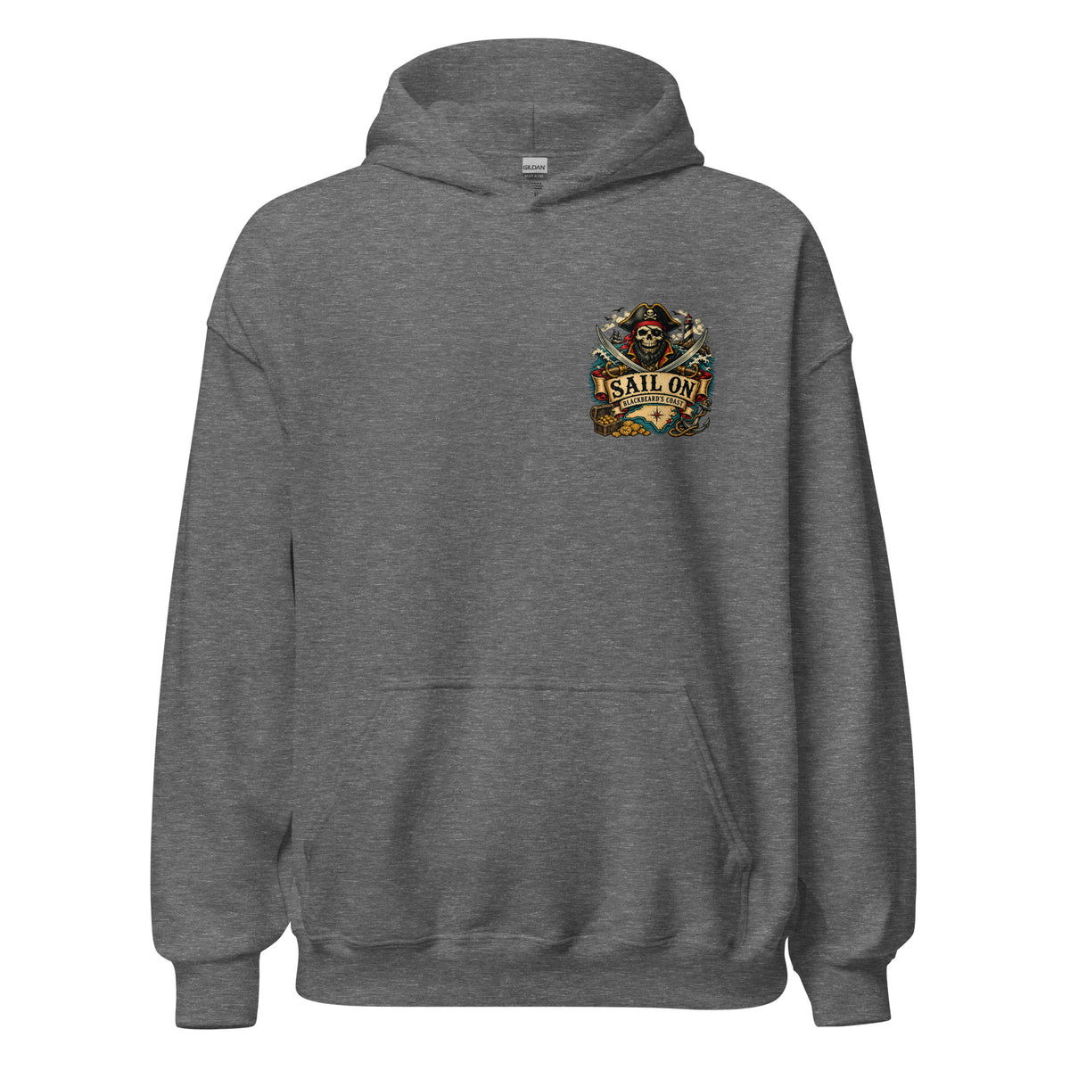Blackbeard's Coast Hoodie in Graphite Heather, front view with Sail On left-chest logo