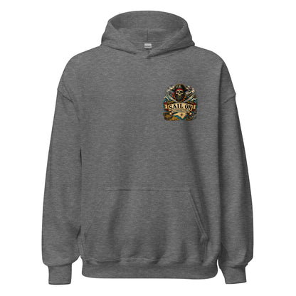 Blackbeard's Coast Hoodie in Graphite Heather, front view with Sail On left-chest logo