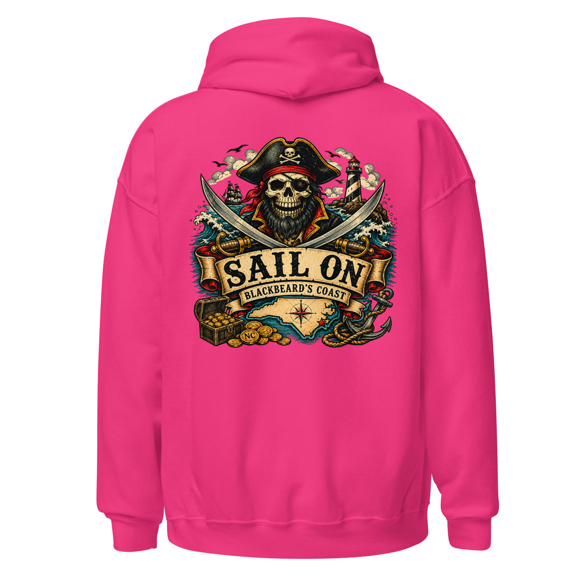 Blackbeard's Coast Hoodie in Heliconia, back view with full Sail On Blackbeard's Coast back print