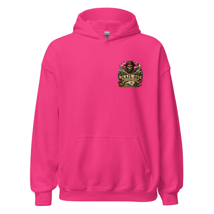 Blackbeard's Coast Hoodie in Heliconia, front view with Sail On left-chest logo