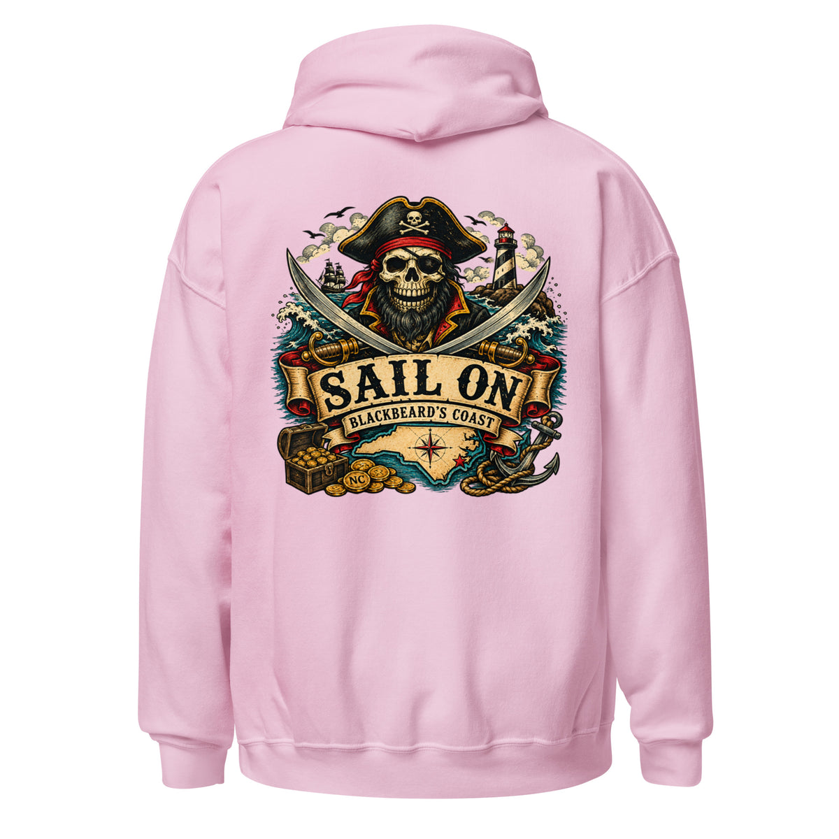 Blackbeard's Coast Hoodie in Light Pink, back view with full Sail On Blackbeard's Coast back print