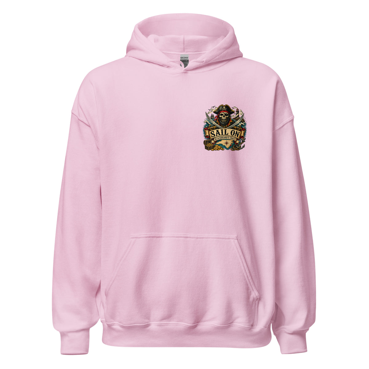 Blackbeard's Coast Hoodie in Light Pink, front view with Sail On left-chest logo