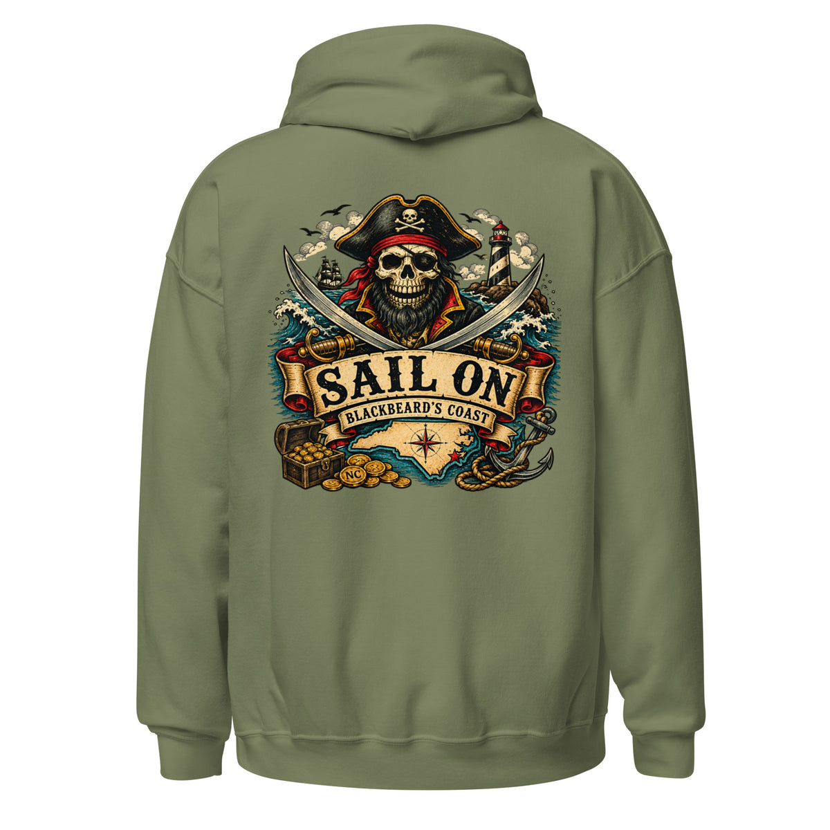 Blackbeard's Coast Hoodie in Military Green, back view with full Sail On Blackbeard's Coast back print