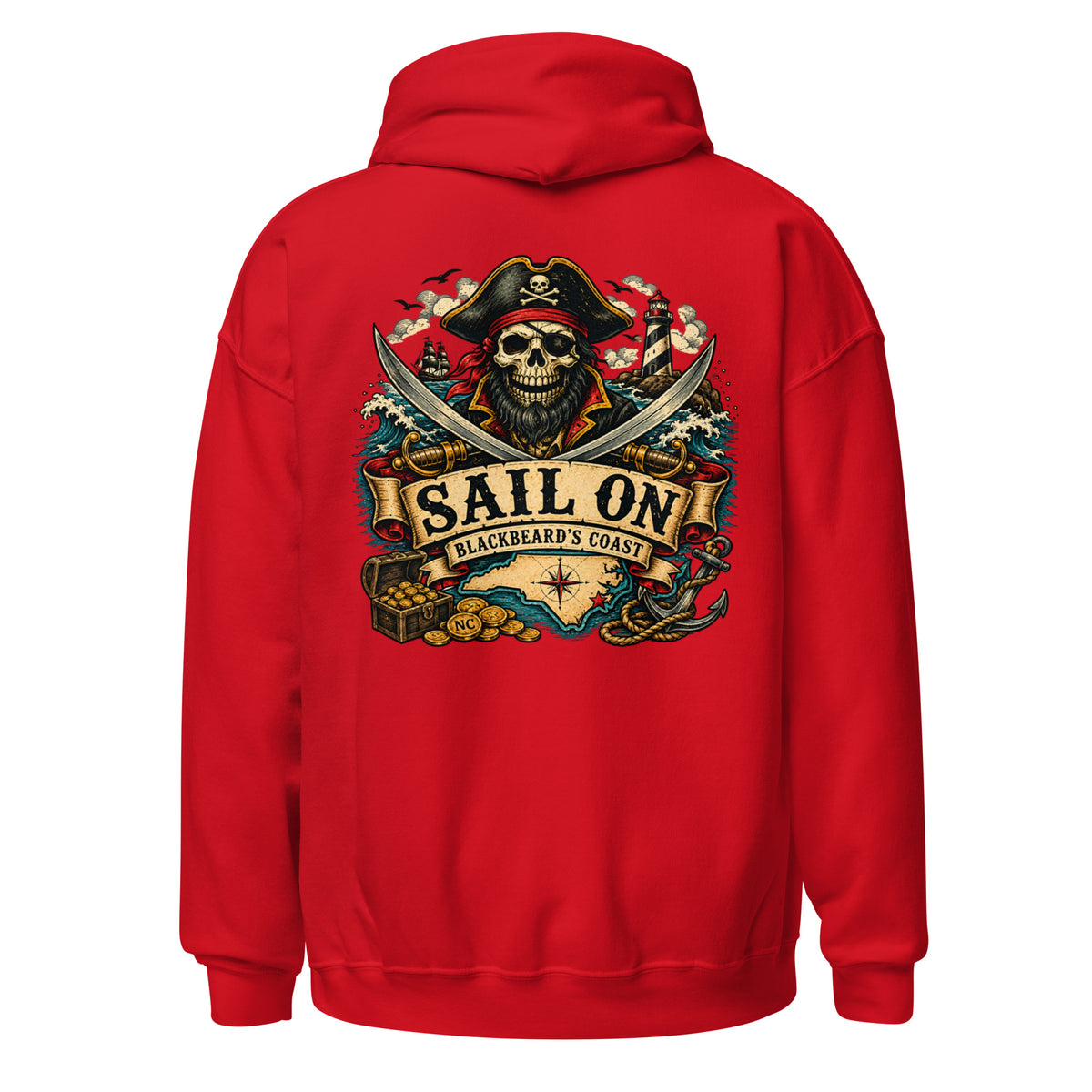 Blackbeard's Coast Hoodie in Red, back view with full Sail On Blackbeard's Coast back print