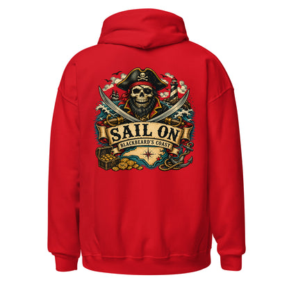Blackbeard's Coast Hoodie in Red, back view with full Sail On Blackbeard's Coast back print
