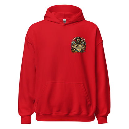 Blackbeard's Coast Hoodie in Red, front view with Sail On left-chest logo