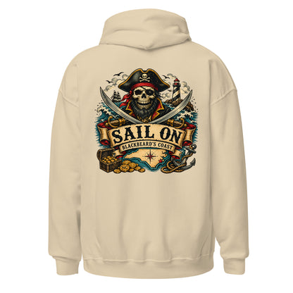 Blackbeard's Coast Hoodie in Sand, back view with full Sail On Blackbeard's Coast back print