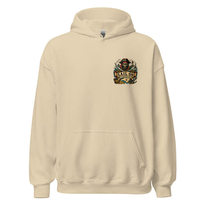 Blackbeard's Coast Hoodie in Sand, front view with Sail On left-chest logo