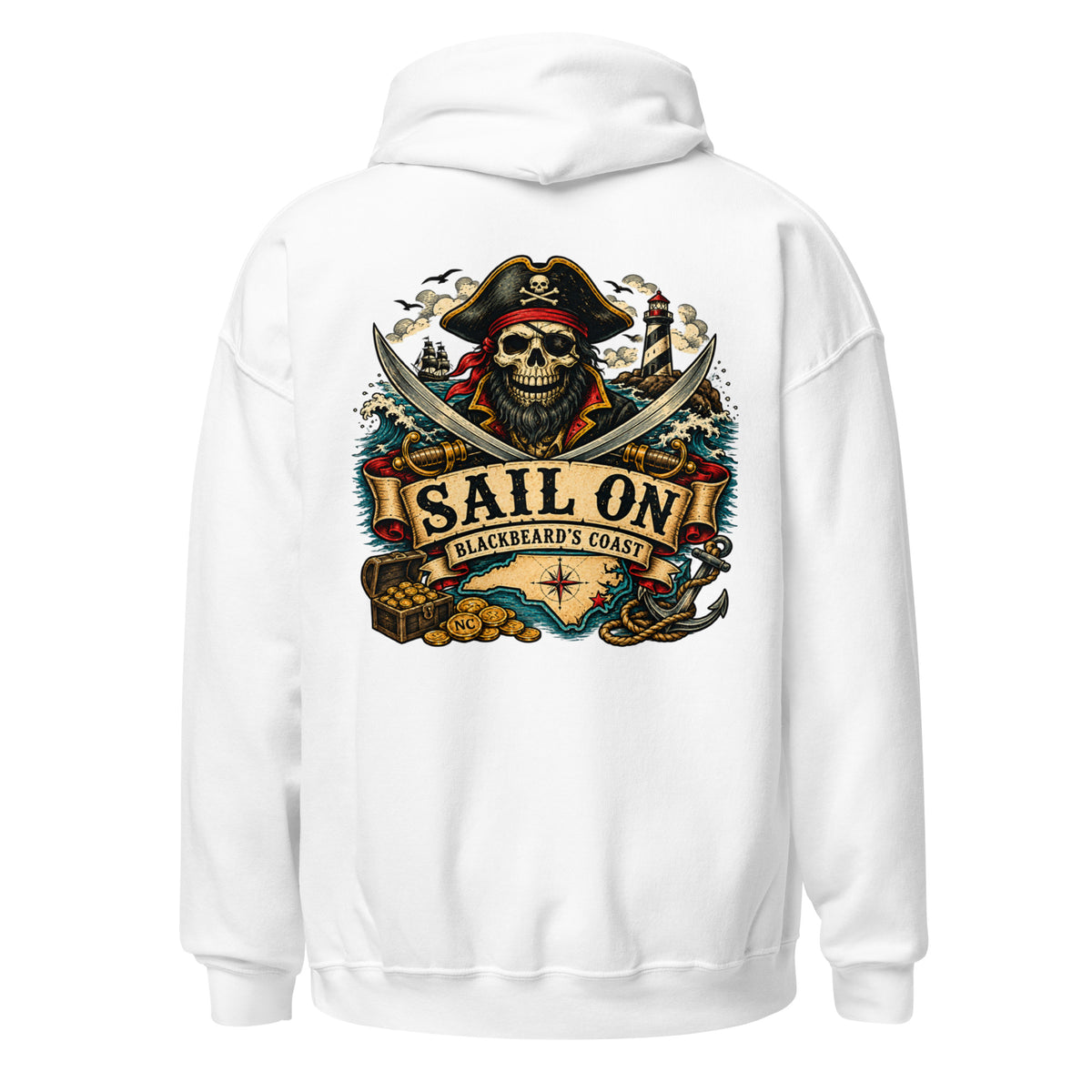 Blackbeard's Coast Hoodie in White, back view with full Sail On Blackbeard's Coast back print