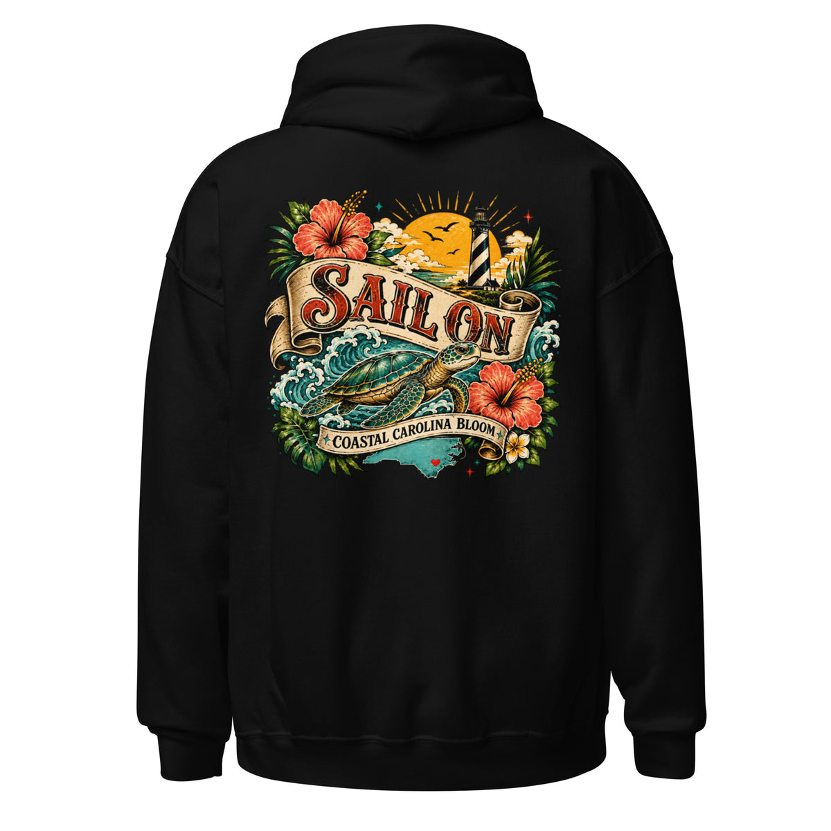 Coastal Carolina Bloom Hoodie in Black, back view with full Sail On Coastal Carolina Bloom back print