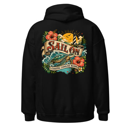 Coastal Carolina Bloom Hoodie in Black, back view with full Sail On Coastal Carolina Bloom back print