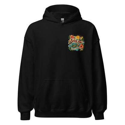 Coastal Carolina Bloom Hoodie in Black, front view with Sail On left-chest logo