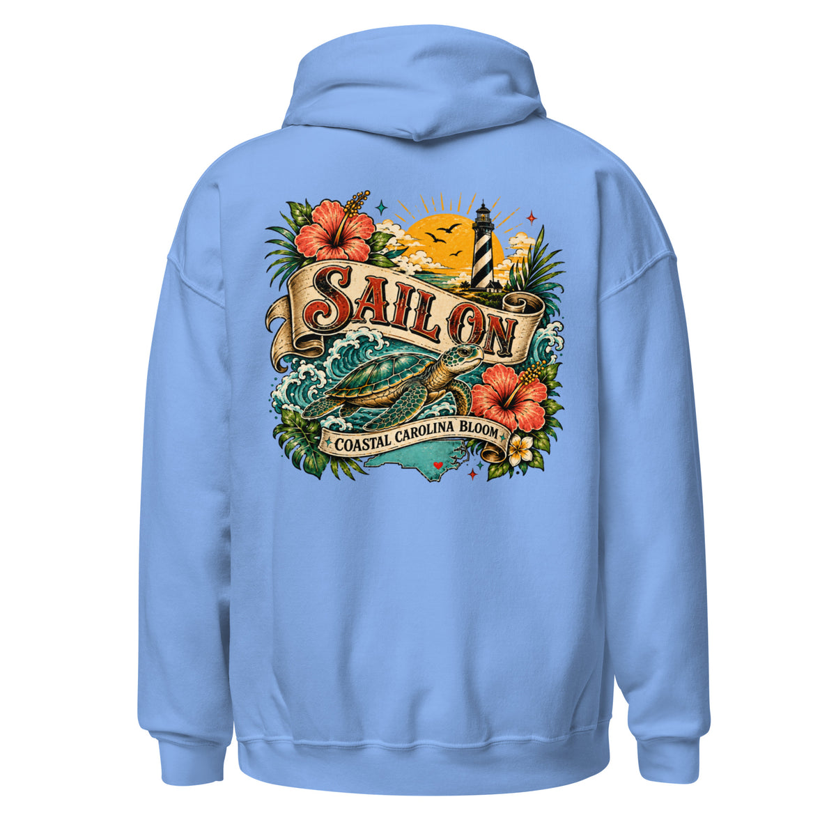 Coastal Carolina Bloom Hoodie in Carolina Blue, back view with full Sail On Coastal Carolina Bloom back print