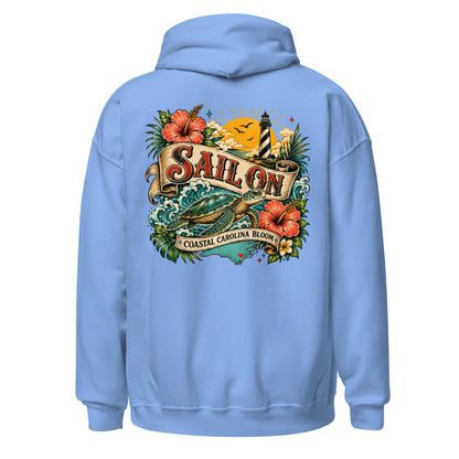 Coastal Carolina Bloom Hoodie in Carolina Blue, back view with full Sail On Coastal Carolina Bloom back print