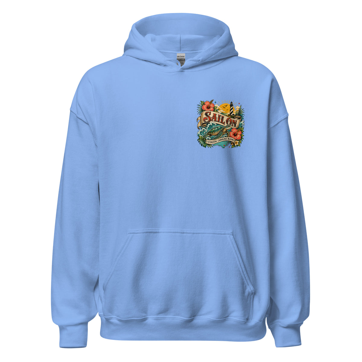Coastal Carolina Bloom Hoodie in Carolina Blue, front view with Sail On left-chest logo