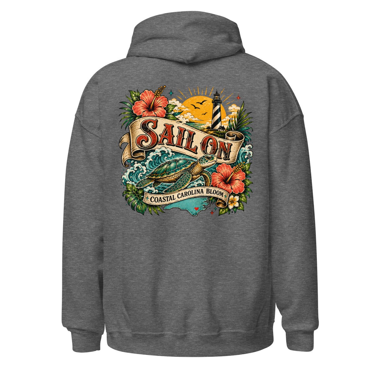 Coastal Carolina Bloom Hoodie in Graphite Heather, back view with full Sail On Coastal Carolina Bloom back print