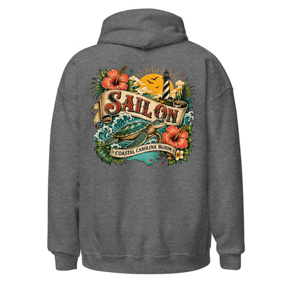Coastal Carolina Bloom Hoodie in Graphite Heather, back view with full Sail On Coastal Carolina Bloom back print