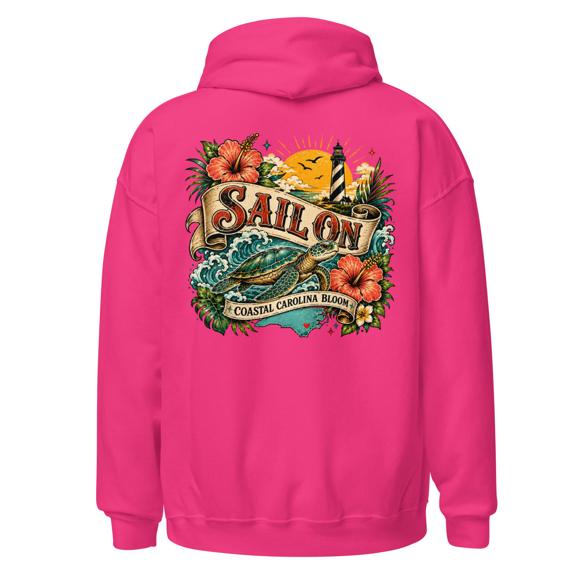 Coastal Carolina Bloom Hoodie in Heliconia, back view with full Sail On Coastal Carolina Bloom back print