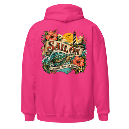 Coastal Carolina Bloom Hoodie in Heliconia, back view with full Sail On Coastal Carolina Bloom back print