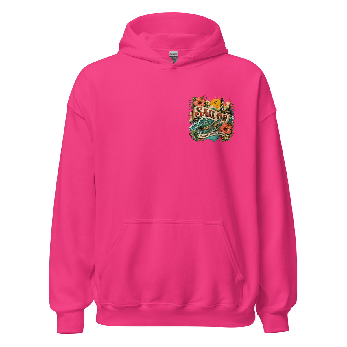 Coastal Carolina Bloom Hoodie in Heliconia, front view with Sail On left-chest logo