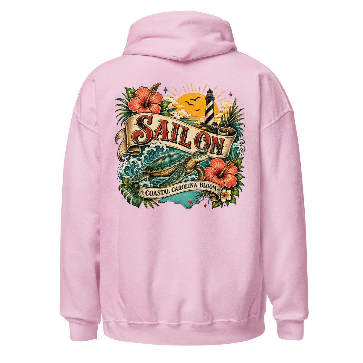 Coastal Carolina Bloom Hoodie in Light Pink, back view with full Sail On Coastal Carolina Bloom back print