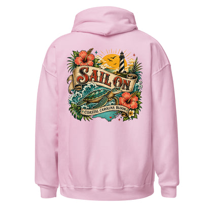 Coastal Carolina Bloom Hoodie in Light Pink, back view with full Sail On Coastal Carolina Bloom back print