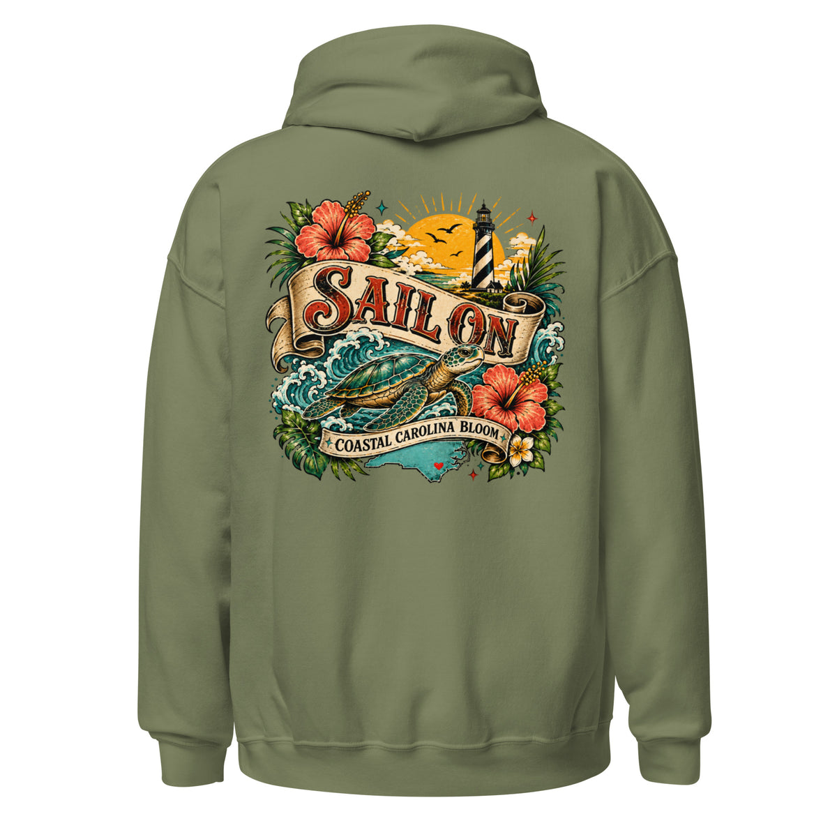 Coastal Carolina Bloom Hoodie in Military Green, back view with full Sail On Coastal Carolina Bloom back print