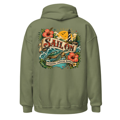 Coastal Carolina Bloom Hoodie in Military Green, back view with full Sail On Coastal Carolina Bloom back print