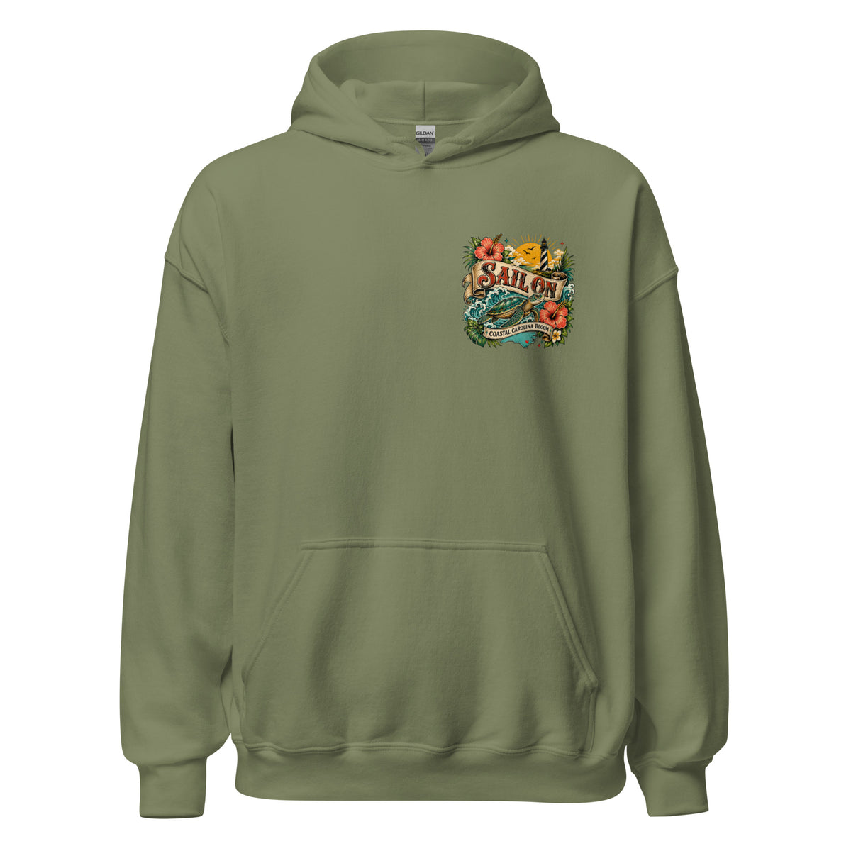 Coastal Carolina Bloom Hoodie in Military Green, front view with Sail On left-chest logo