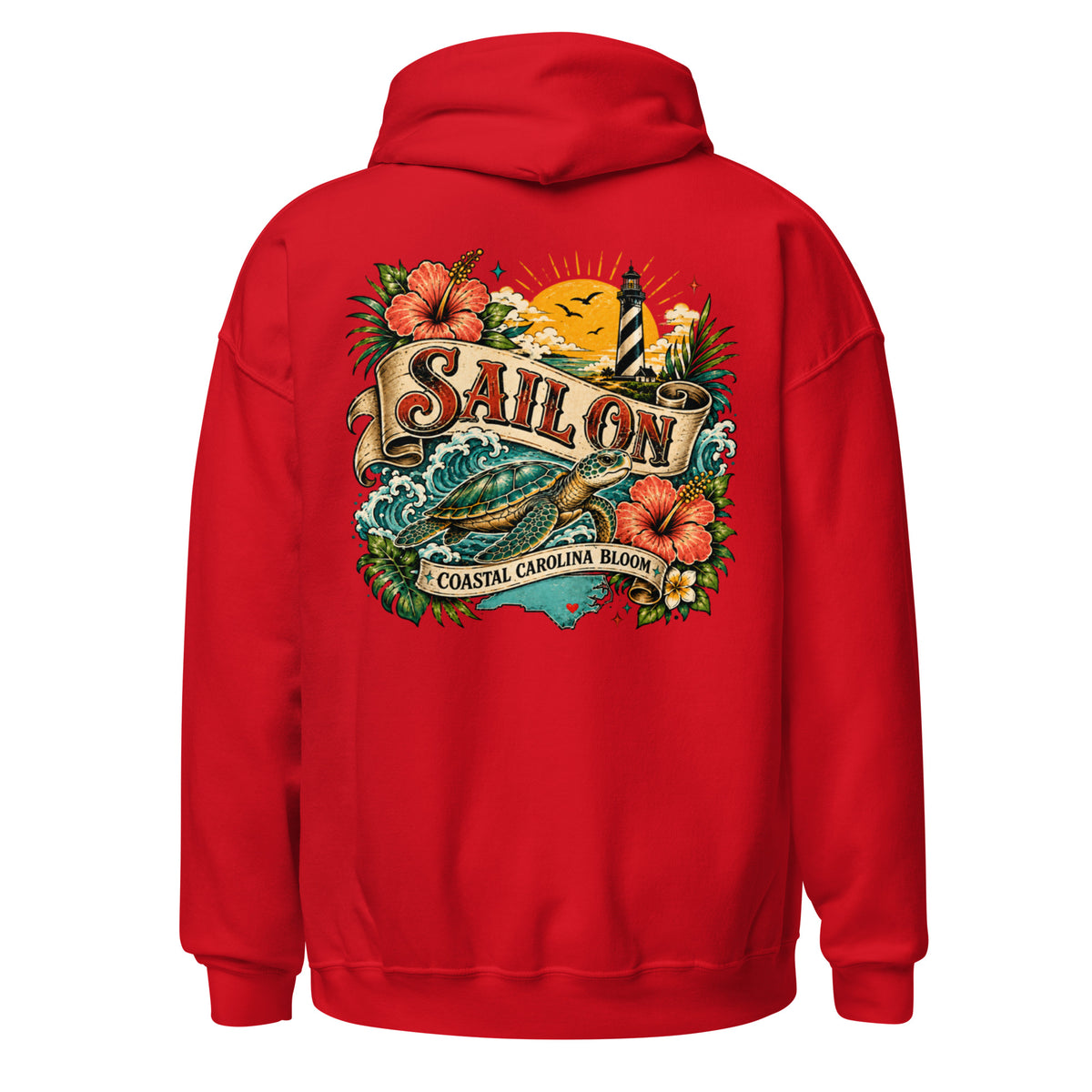 Coastal Carolina Bloom Hoodie in Red, back view with full Sail On Coastal Carolina Bloom back print