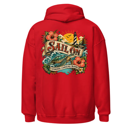 Coastal Carolina Bloom Hoodie in Red, back view with full Sail On Coastal Carolina Bloom back print