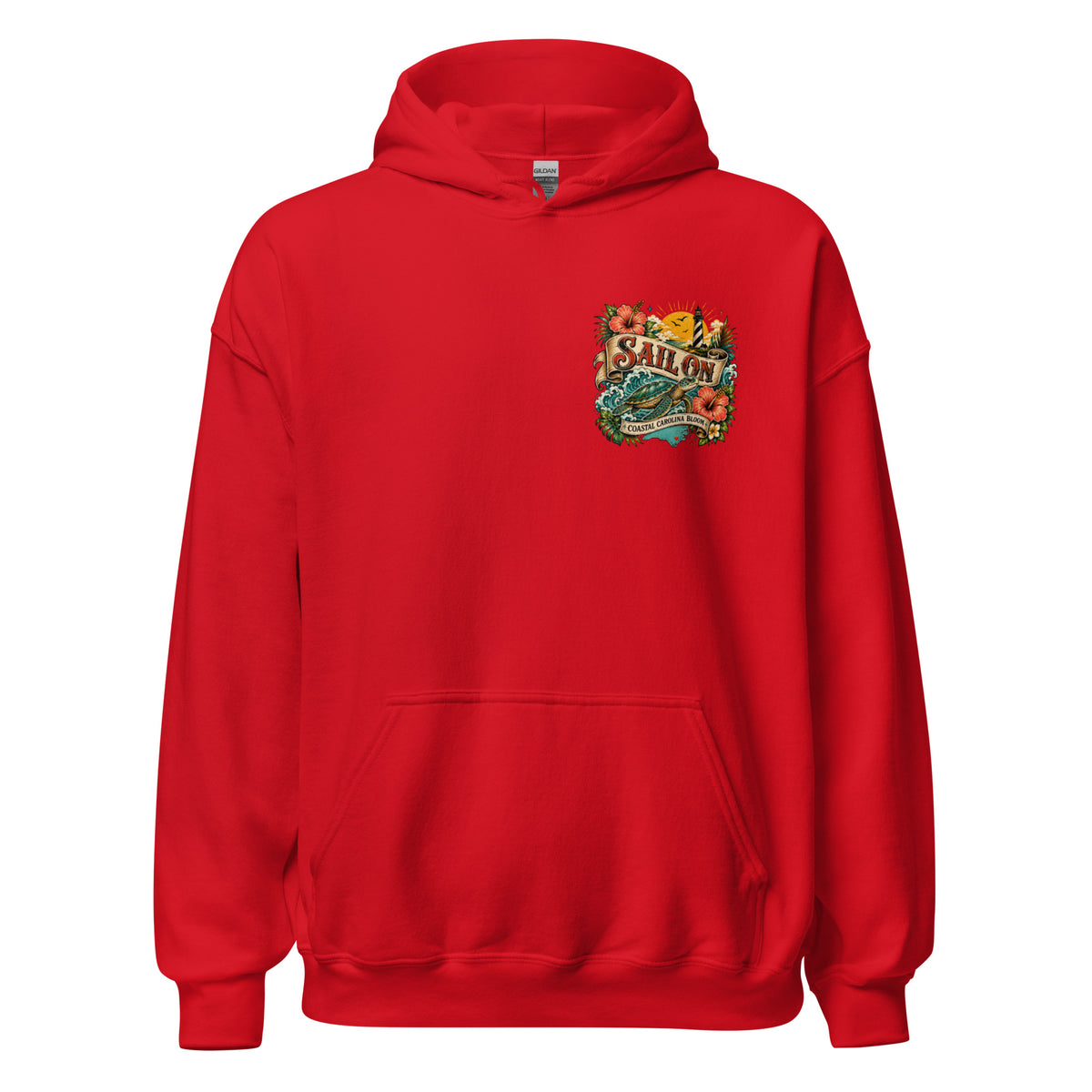 Coastal Carolina Bloom Hoodie in Red, front view with Sail On left-chest logo