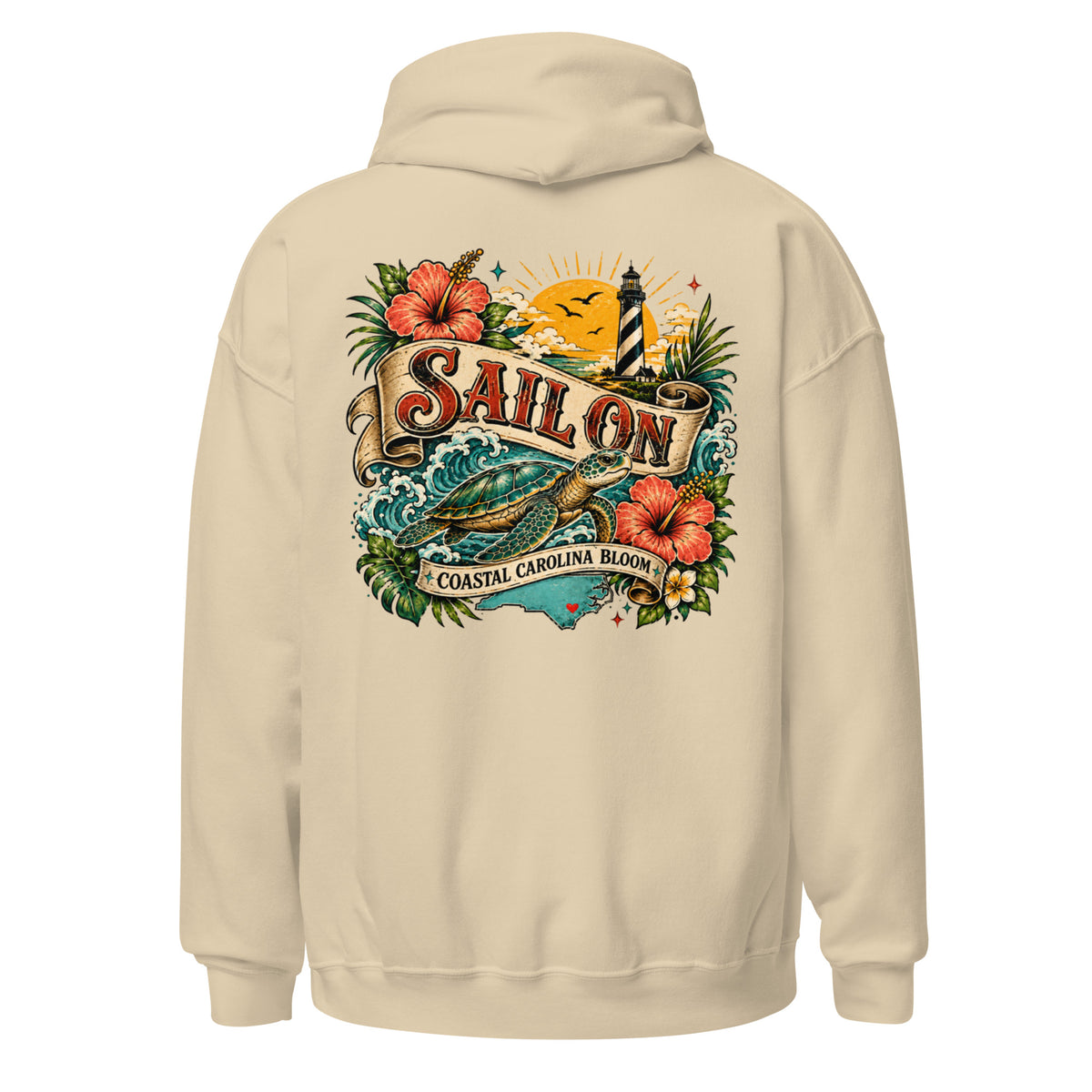 Coastal Carolina Bloom Hoodie in Sand, back view with full Sail On Coastal Carolina Bloom back print