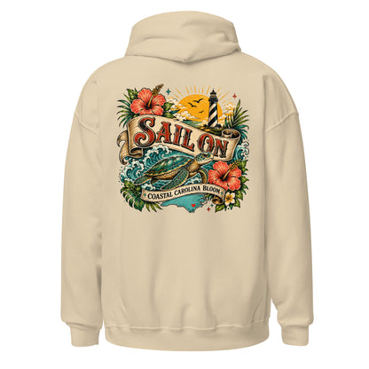 Coastal Carolina Bloom Hoodie in Sand, back view with full Sail On Coastal Carolina Bloom back print