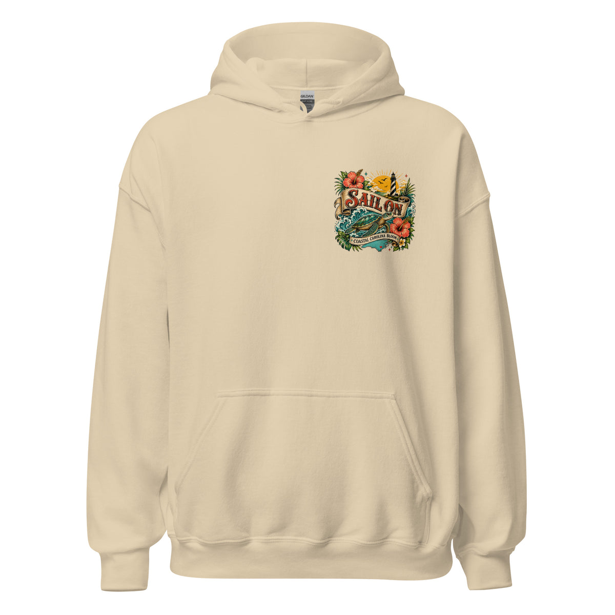 Coastal Carolina Bloom Hoodie in Sand, front view with Sail On left-chest logo