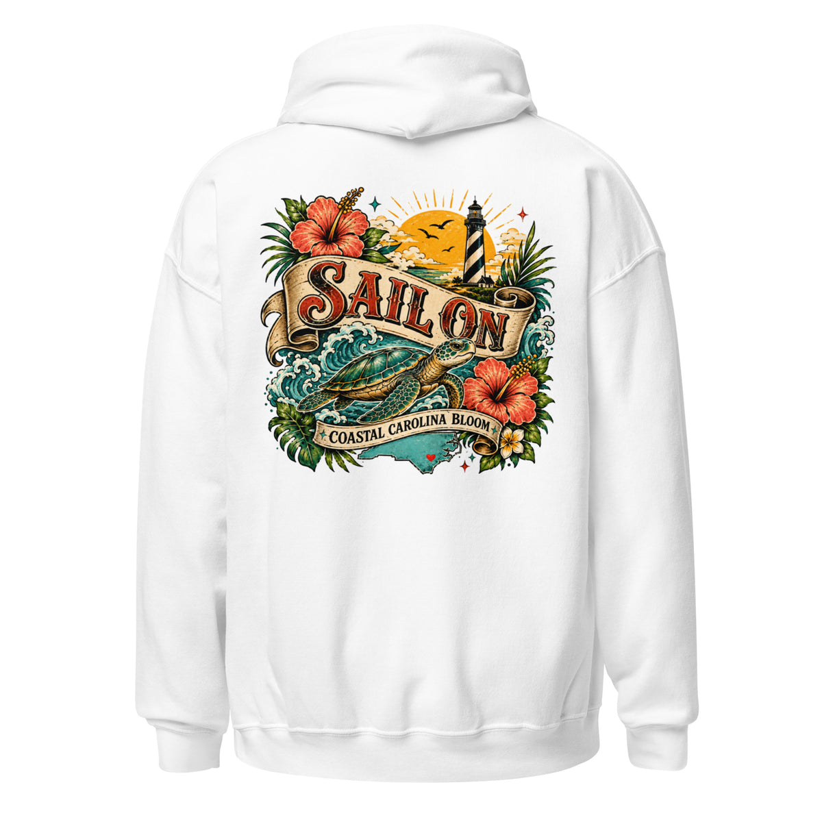 Coastal Carolina Bloom Hoodie in White, back view with full Sail On Coastal Carolina Bloom back print