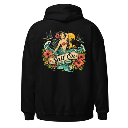 Coastal Mermaid Hoodie in Black, back view with full Sail On Coastal Mermaid back print