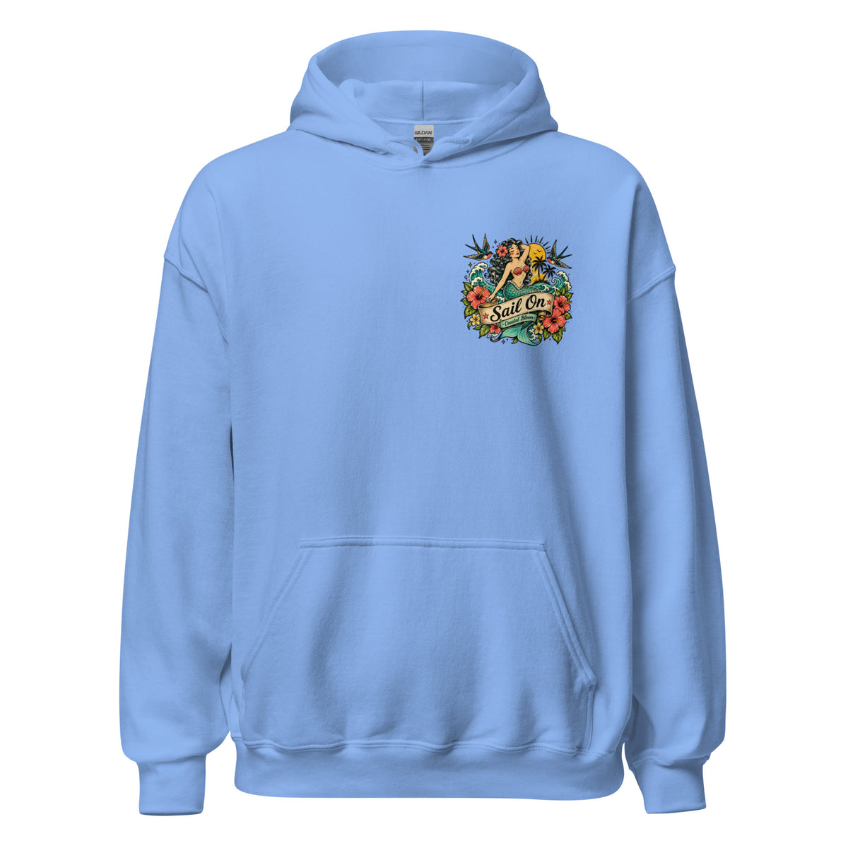 Coastal Mermaid Hoodie in Carolina Blue, front view with Sail On left-chest logo