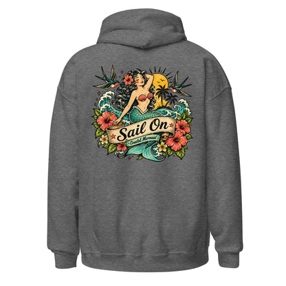 Coastal Mermaid Hoodie in Graphite Heather, back view with full Sail On Coastal Mermaid back print