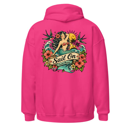 Coastal Mermaid Hoodie in Heliconia, back view with full Sail On Coastal Mermaid back print