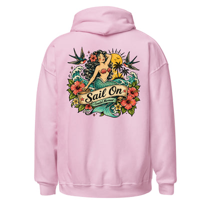Coastal Mermaid Hoodie in Light Pink, back view with full Sail On Coastal Mermaid back print