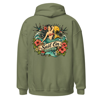Coastal Mermaid Hoodie in Military Green, back view with full Sail On Coastal Mermaid back print