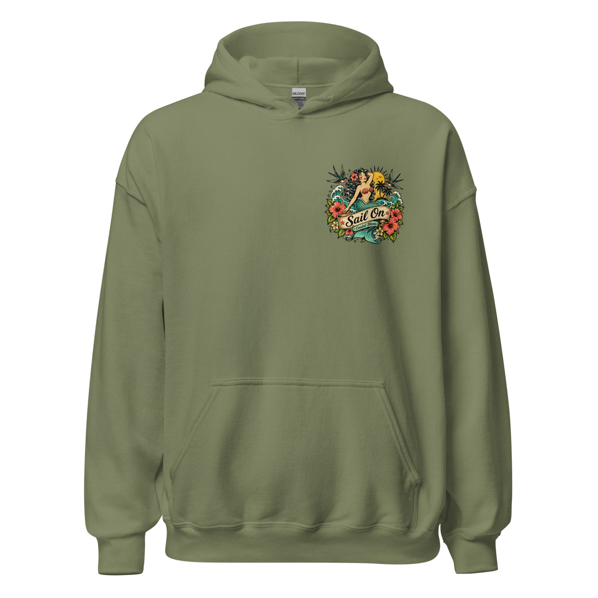 Coastal Mermaid Hoodie in Military Green, front view with Sail On left-chest logo